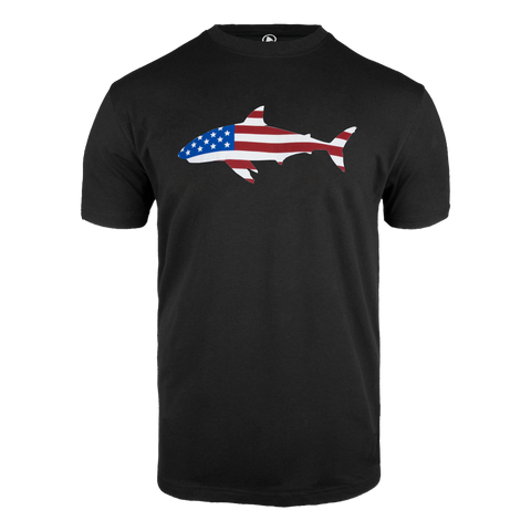 Black t-shirt with a graphic of a Shark with the American flag on a white background