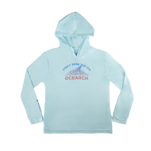 Youth Aqua Blue youth hoodie with graphic of a shark fin and text "DON"T FEAR THE FIN OCEARCH"