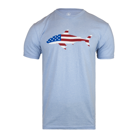 Light blue t-shirt with a graphic of a Shark with the American flag on a white background
