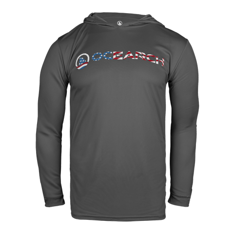 Charcoal hoodie with red white and blue 'OCEARCH' logo on a white background
