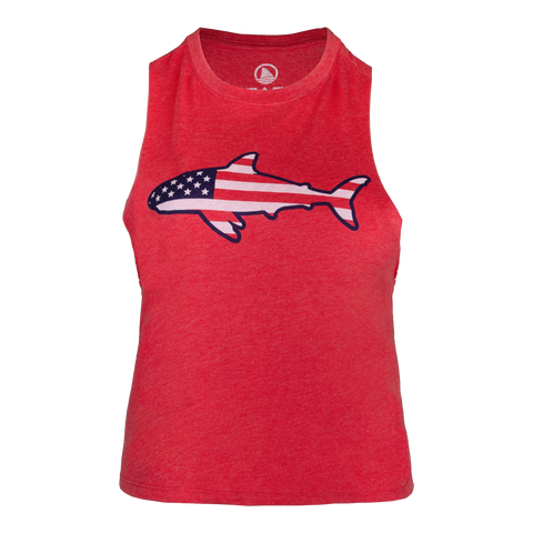 Red tank top with a shark design featuring the American flag on a white background