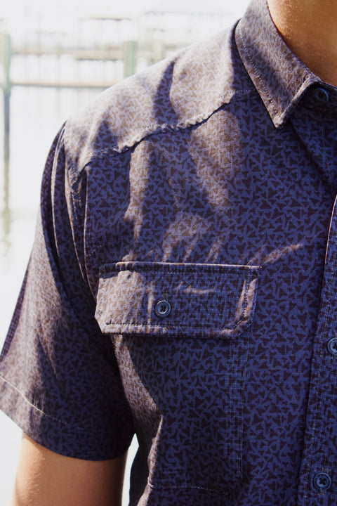 closeup of chest pocket of paradise dark blue pattern buttondown