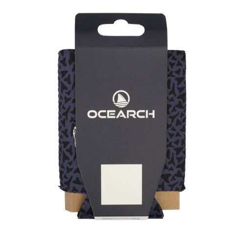 Rear view of Ocearch drink can cooler with shark tooth pattern