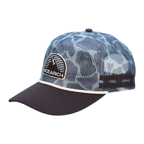 Camo 5-Panel All Mesh Flatbill Flannel Snapback with Ocearch Shark Fin Patch on front