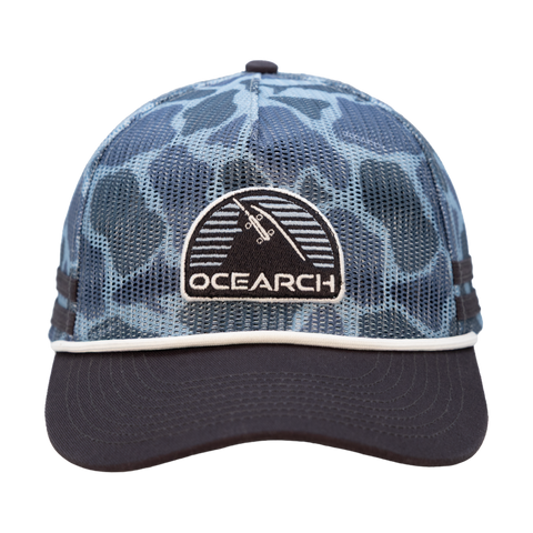 Camo 5-Panel All Mesh Flatbill Flannel Snapback with OCEARCH shark fin patch on front