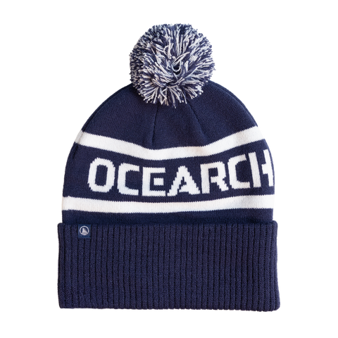 Navy / White pom beanie with "OCEARCH" text on beanie