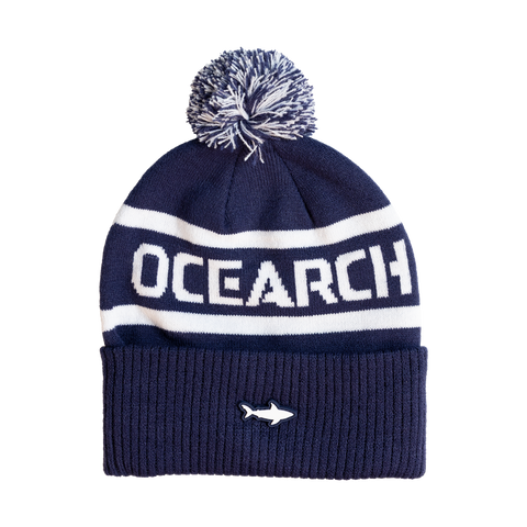 Navy / White pom beanie with "OCEARCH" text on beanie and Shark on cuff