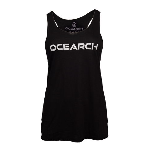 Ladies black racerback tank with "OCEARCH" text on front