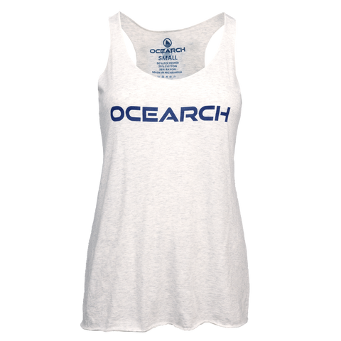 Ladies heather white racerback tank with "OCEARCH" text on front