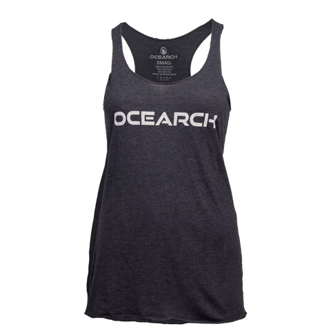 Ladies vintage navy racerback tank with "OCEARCH" text on front