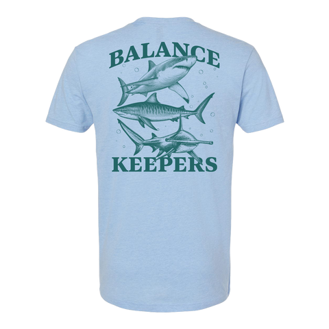 Light blue tee with graphic of 3 types of shark on the back with text "BALANCE KEEPERS"