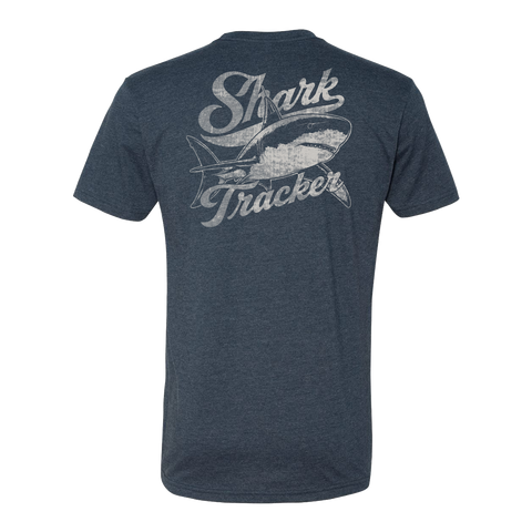 Navy tee with shark graphic on back with text "Shark Tracker"