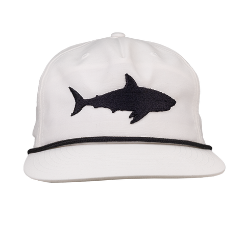 white 5-Panel Unstructured Flatbill Snapback with shark on front