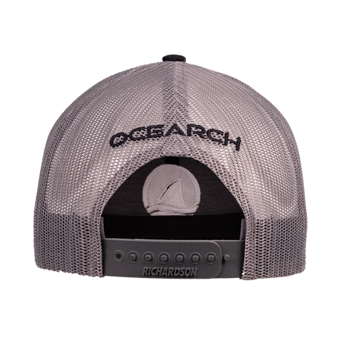 rear view of black/charcoal Meshback Snapback with "OCEARCH" text on back