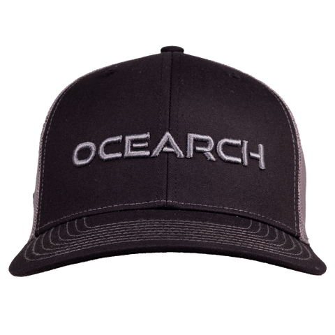 Meshback Snapback with black front and charcoal back with charcoal "OCEARCH" text on front