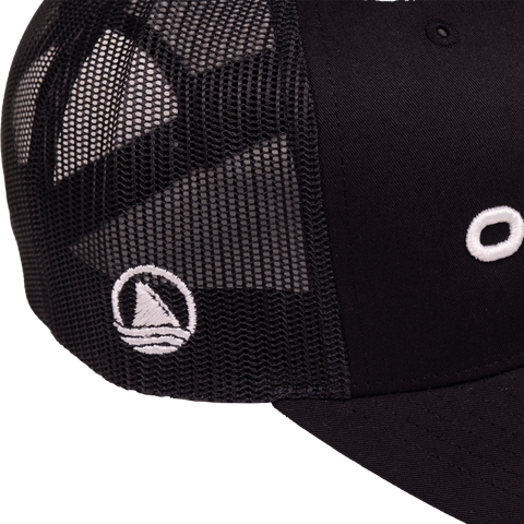 closeup of side of black snapback showing icon Ocearch logo