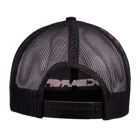 rear view of black snapback showing adjustable back
