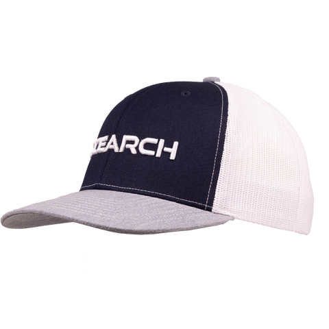 Meshback Snapback with navy front and white back and gray bill with white "OCEARCH" text on front