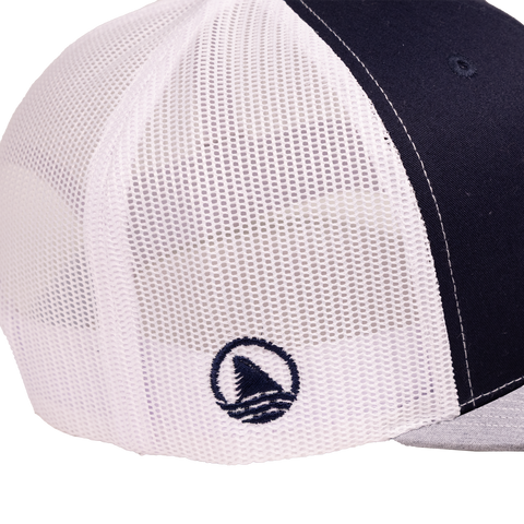 closeup of side of navy/white/grey snapback showing icon Ocearch logo