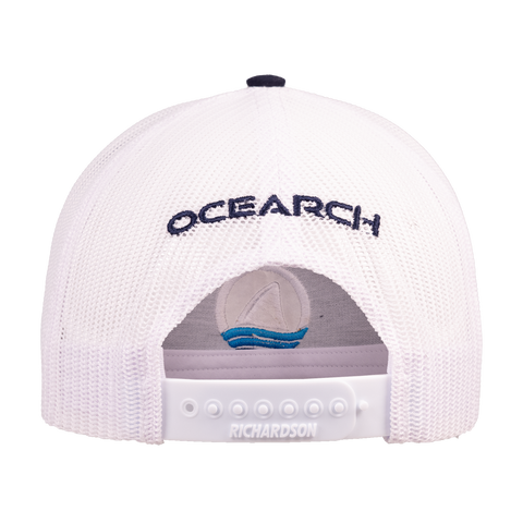 rear view of Navy hat with white meshback with OCEARCH text on back
