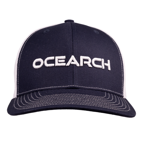 Meshback Snapback with navy front and white back with white "OCEARCH" text on front