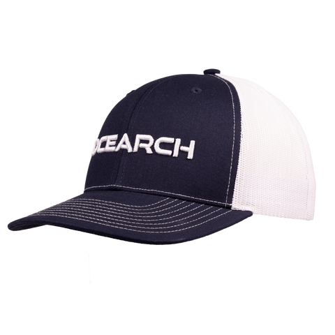 Meshback Snapback with navy front and white back with white "OCEARCH" text on front
