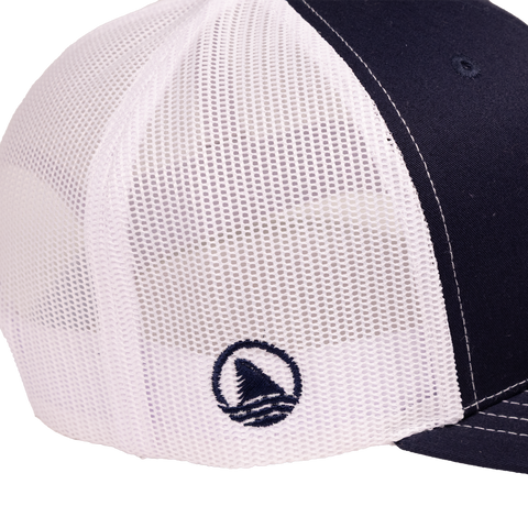 closeup of side of Navy/white snapback showing icon Ocearch logo