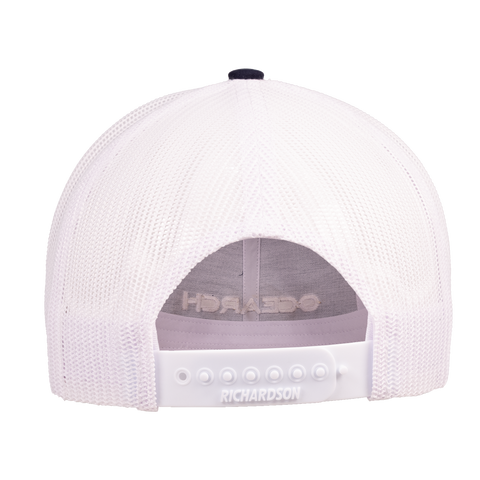 rear view of Navy/white snapback showing adjustable back