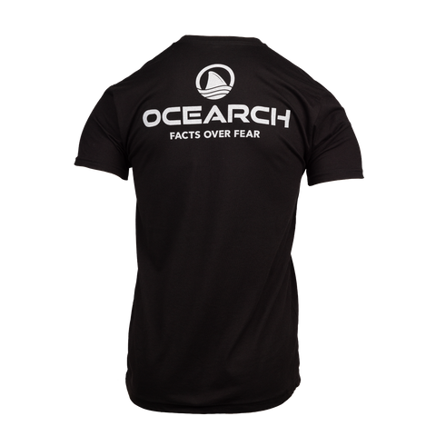Rear view of black tee with stacked Ocearch icon logo with text "OCEARCH FACTS OVER FEAR"