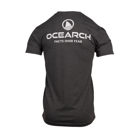 Rear view of charcoal tee with stacked Ocearch icon logo with text "OCEARCH FACTS OVER FEAR"