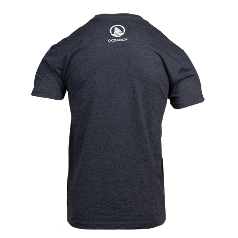 Rear view of Heather midnight navy tee with ocearch icon logo and "OCEARCH" text on upper back