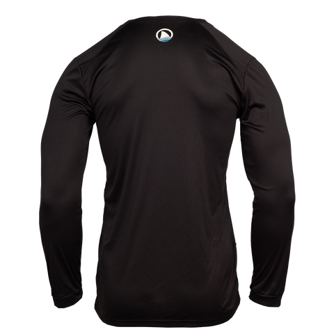 Rear view of Men's black long sleeve performance tee with Ocearch logo on upper back