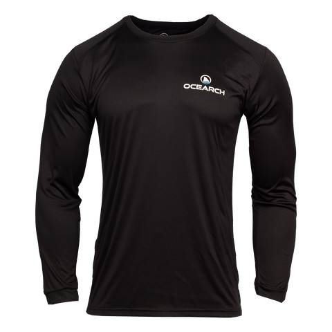 Men's black long sleeve performance tee with Ocearch logo on left chest