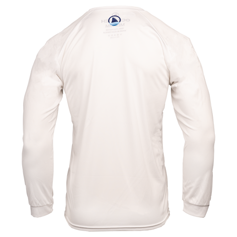 Rear view of Men's white long sleeve performance tee with Ocearch logo on upper back