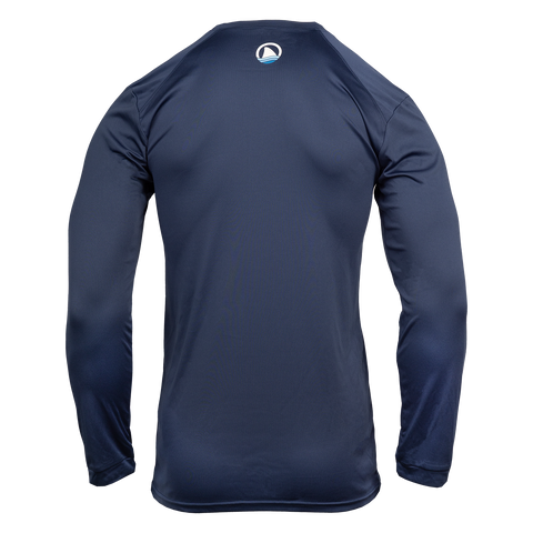 Rear view of Men's navy long sleeve performance tee with Ocearch logo on upper back