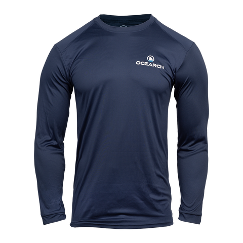 Men's navy long sleeve performance tee with Ocearch logo on left chest