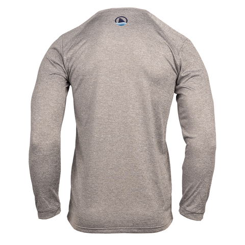 Rear view of Men's heather grey long sleeve performance tee with Ocearch logo on upper back