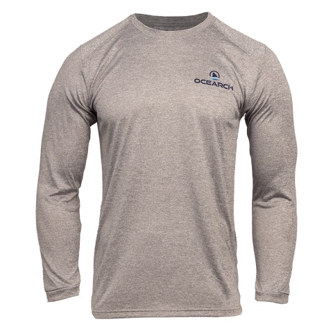 Men's heather grey long sleeve performance tee with Ocearch logo on left chest