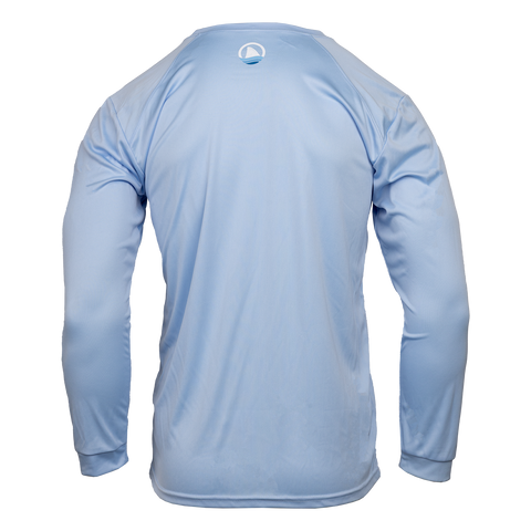 Rear view of Men's blue mist long sleeve performance tee with Ocearch logo on upper back