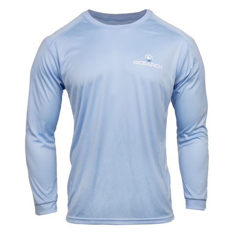 Men's blue mist long sleeve performance tee with Ocearch logo on left chest