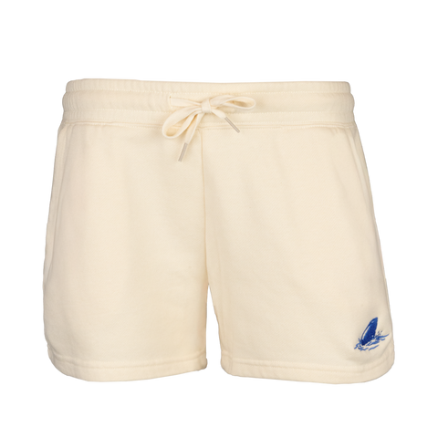 Bone shorts with a blue shark fin on a white background