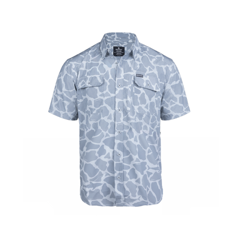 Short sleeve light blue buttonup shirt with Ocearch camo pattern