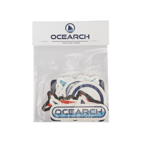 Packaged Ocearch stickers with clear plastic wrap on a white background