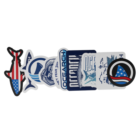 Collection of Ocearch branded stickers on a white background