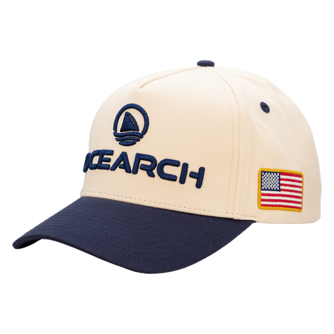 Natural/Navy Structured 5-Panel Hat showing American flag on right side