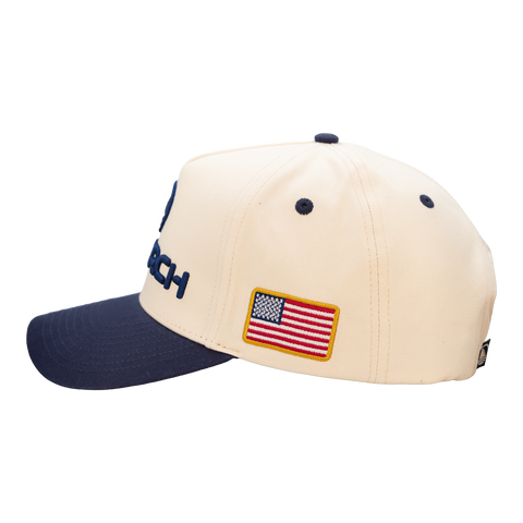 Natural/Navy Structured 5-Panel Hat showing American flag on left side