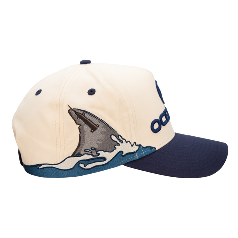 Natural/Navy Structured 5-Panel Hat showing tagged shark fin on right side