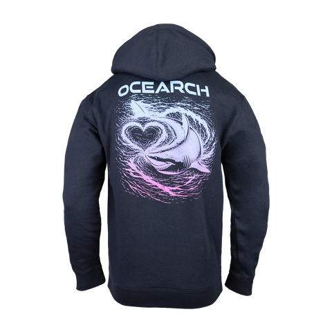 Rear view of navy hoodie with "OCEARCH" text and graphic of a shark swimming with heart in water
