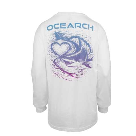 Rear view of white long sleeve tee with "OCEARCH" text and graphic of a shark swimming with heart in water