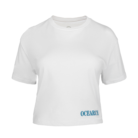 white cropped tee with "OCEARCH" text on left waistline